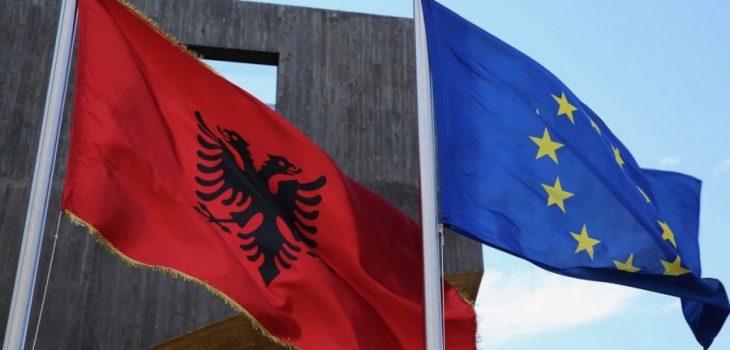 Albania flag next to the EU flag