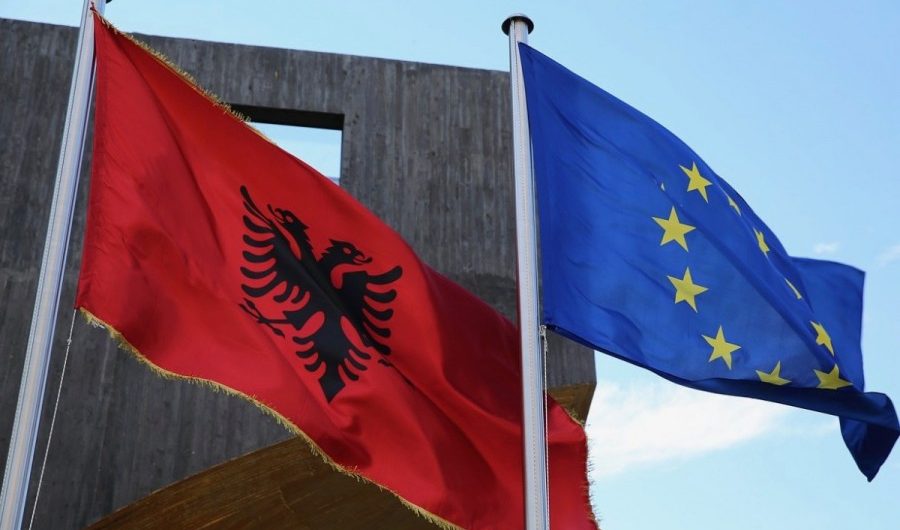 Albania flag next to the EU flag