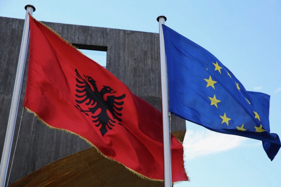 Albania flag next to the EU flag
