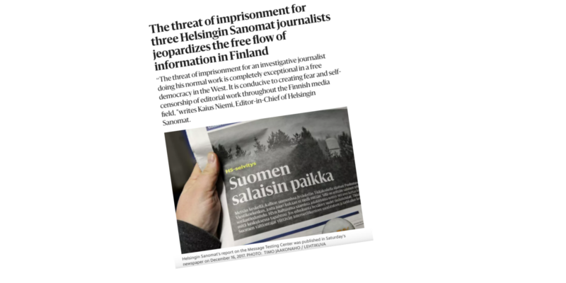 Three journalists from Finland’s largest national daily Helsingin Sanomat were charged on 29 October 2021 with “attempted disclosure of a security secret” and face jail term. The European Federation of Journalists (EFJ) joined its affiliates in Finland, the Finnish Journalists’ Union (UJF), in expressing solidarity with the journalists and condemning Finland’s deputy prosecutor general’s decision to prosecute them.