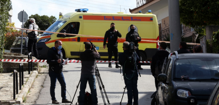 The scene from outside the home of Greek journalist Giorgos Karaivaz after he was murdered in Alimos, on the southern coast of Attica, Greece, 09 April 2021. EPA-EFE/ORESTIS PANAGIOTOU