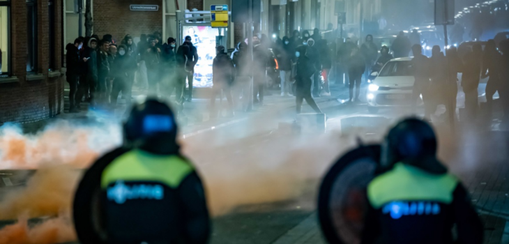 A large group of young people pelts the police present with stones and fireworks in Rotterdam, The Netherlands, 25 January 2021. EPA-EFE / Killian Lindenburg / MediaTV