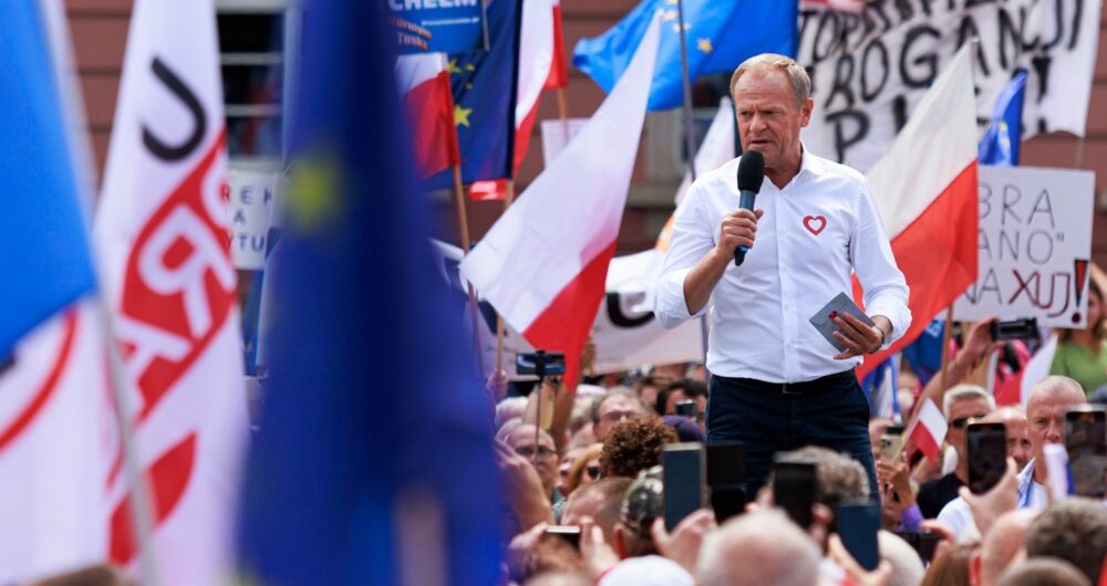 Leader of Civic Platform (PO) and Poland Prime Minister Donald Tusk speaks during a rally on the 'Nowy Targ' square in Wroclaw, Poland, 24 June 2023. EPA-EFE/Tomasz Golla