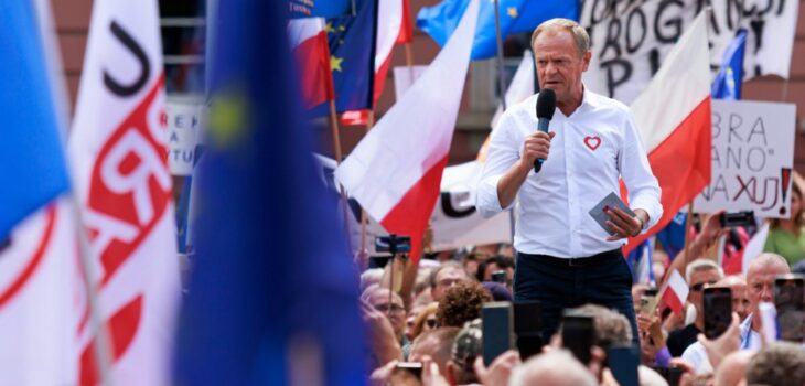 Leader of Civic Platform (PO) and Poland Prime Minister Donald Tusk speaks during a rally on the 'Nowy Targ' square in Wroclaw, Poland, 24 June 2023. EPA-EFE/Tomasz Golla