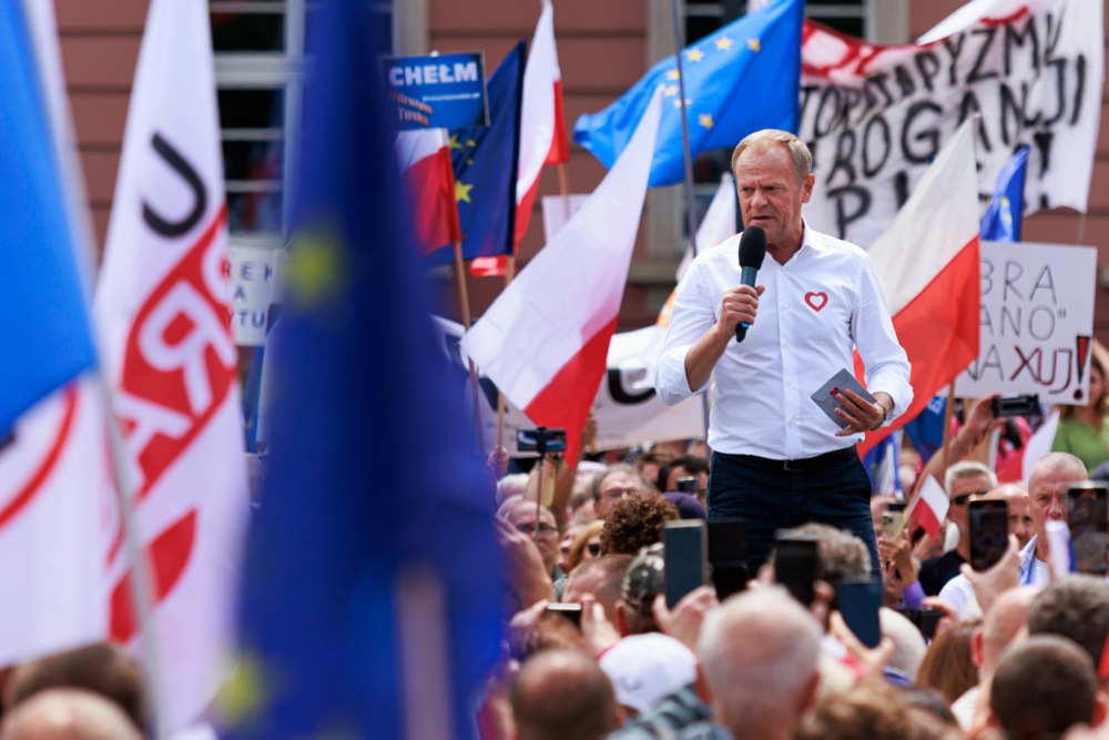 Leader of Civic Platform (PO) and Poland Prime Minister Donald Tusk speaks during a rally on the 'Nowy Targ' square in Wroclaw, Poland, 24 June 2023. EPA-EFE/Tomasz Golla